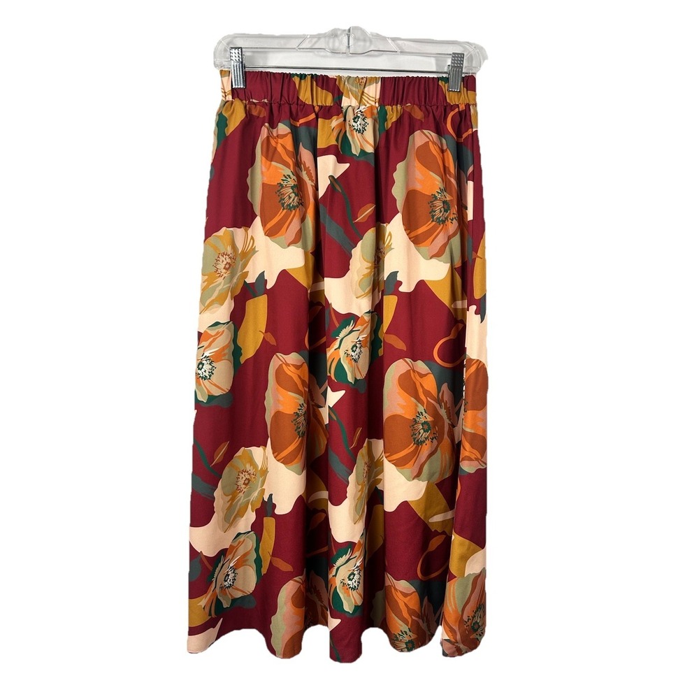 Bohemian Satin Floral Skirt M Burgundy Earth Tones‎ Cottagecore Artsy Retro